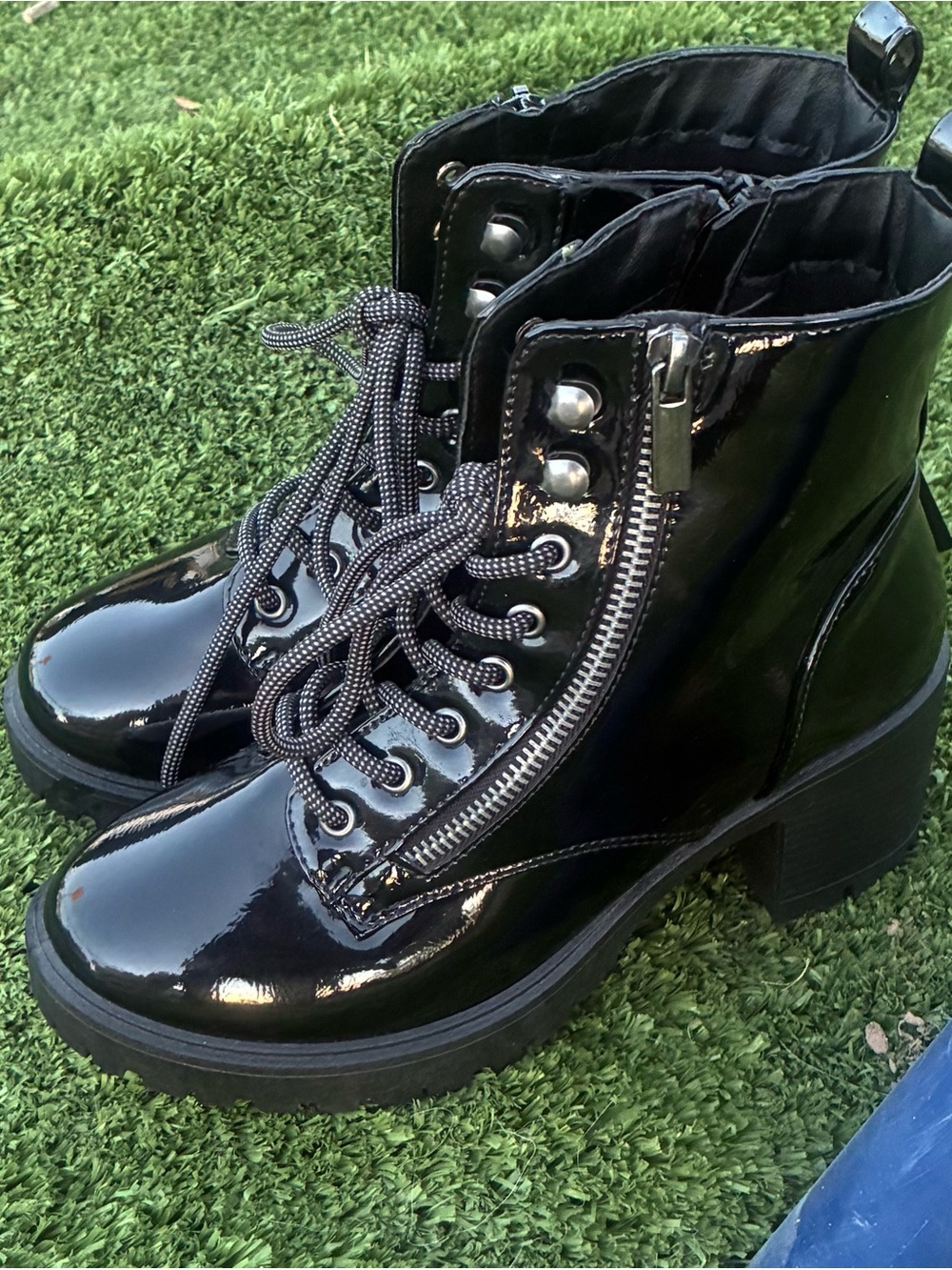 Women's Black Patent Lace-Up Ankle Boots with Side Zip